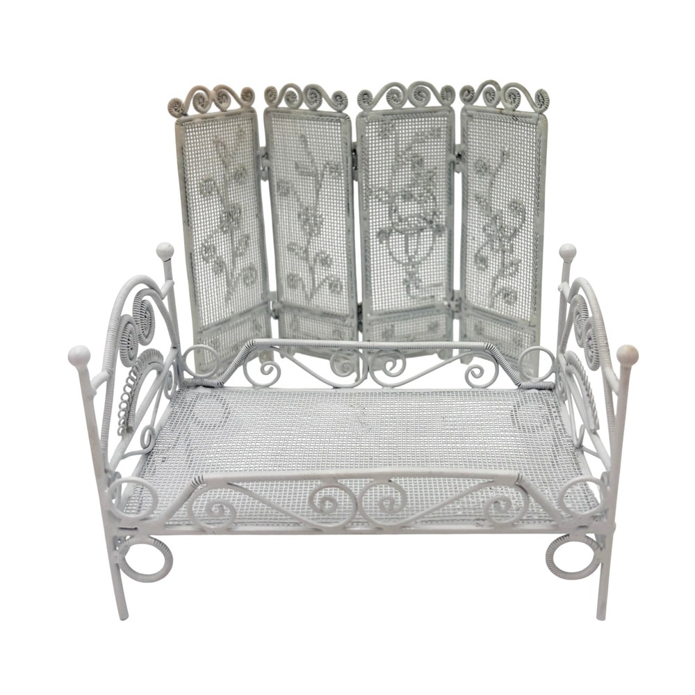 Vintage White Wire Miniature Doll Bed and Folding Screen Set Scrollwork Decor